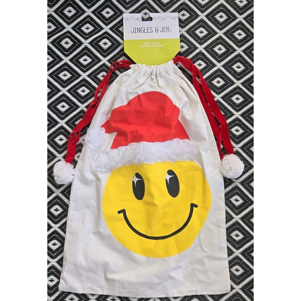 Jingles & Joy Santa Smiley Face Christmas Gift Sack Drawstring Pom Poms NWT